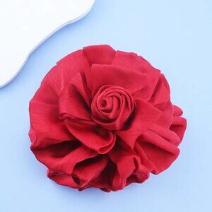 Elegant Rose Flower Brooch Pin & Hair Claw Clip Red Satin Fabric Lapel Weddding
